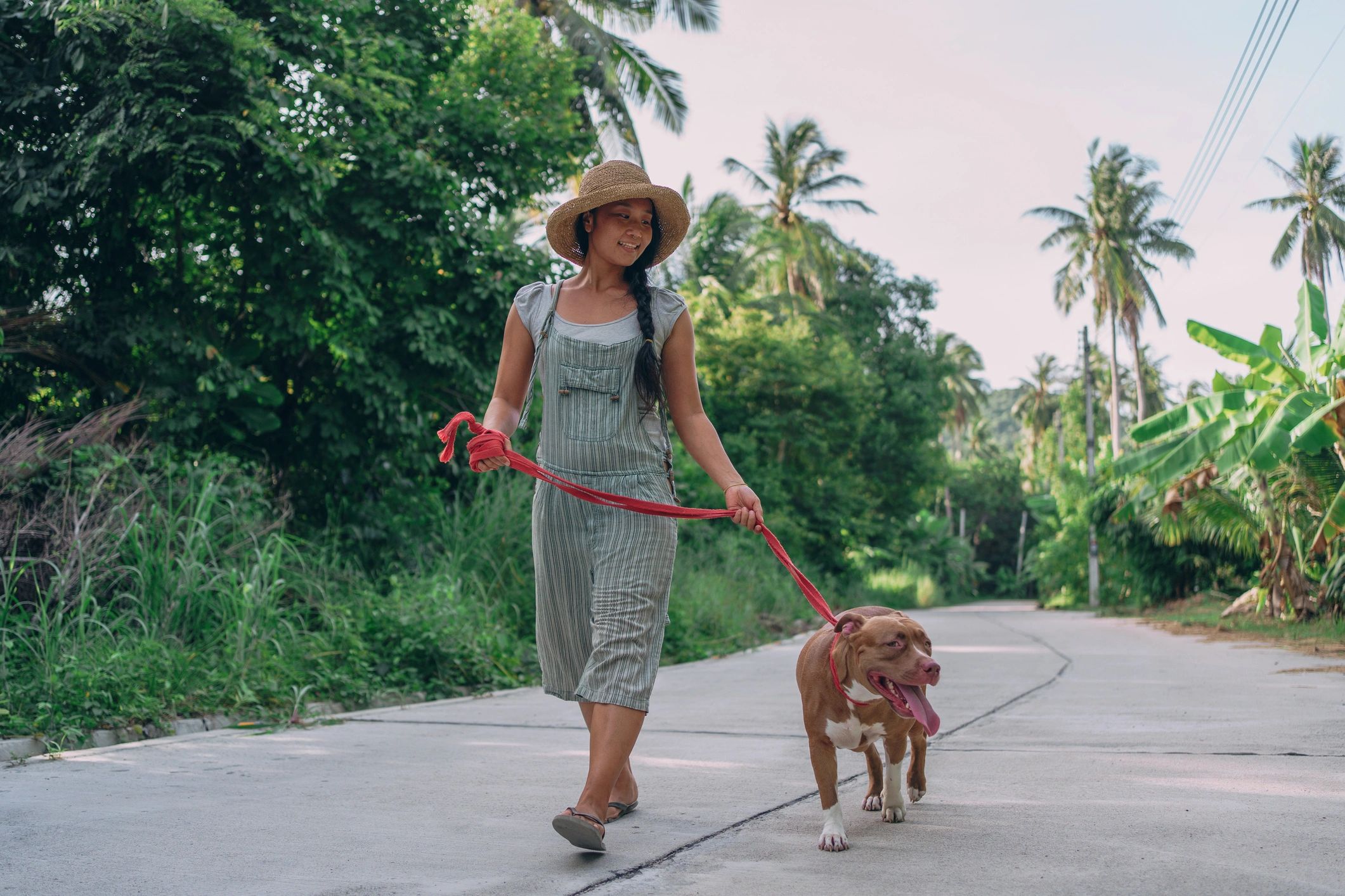 Woman walking with her dog outdoors